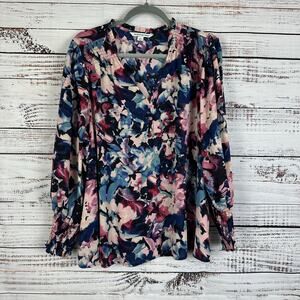 Women's Zac & Rachel Blue Blush Abstract Floral V Neck Blouse Dressy Career 2X